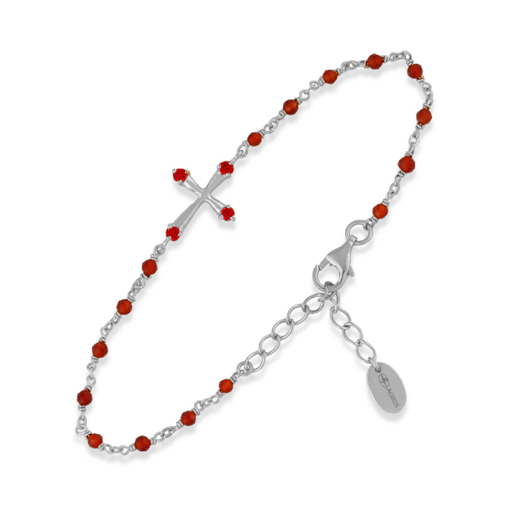 Bracelet en argent rhodié croix pierres naturelles rouges 1