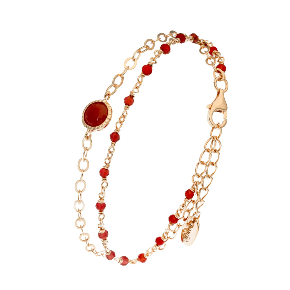 Bracelet en argent doré double chaine pampille pierres naturelles rouges 1