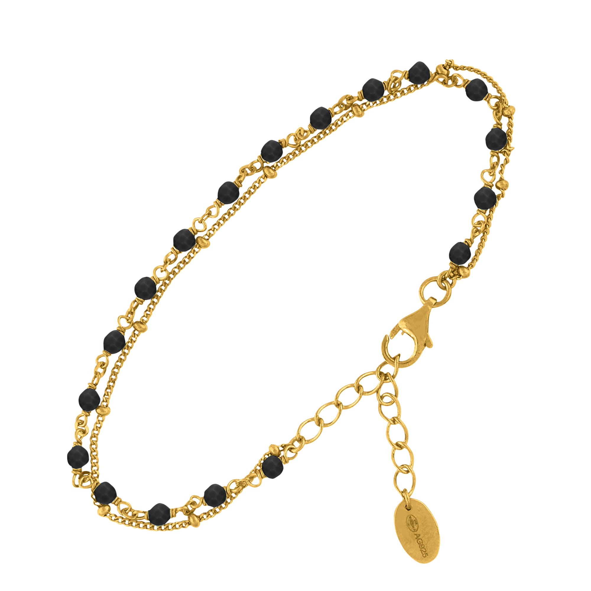 bracelet-en-argent-dore-double-chaine-pierres-naturelles-noires Bracelet en argent doré double chaine pierres naturelles noires 1