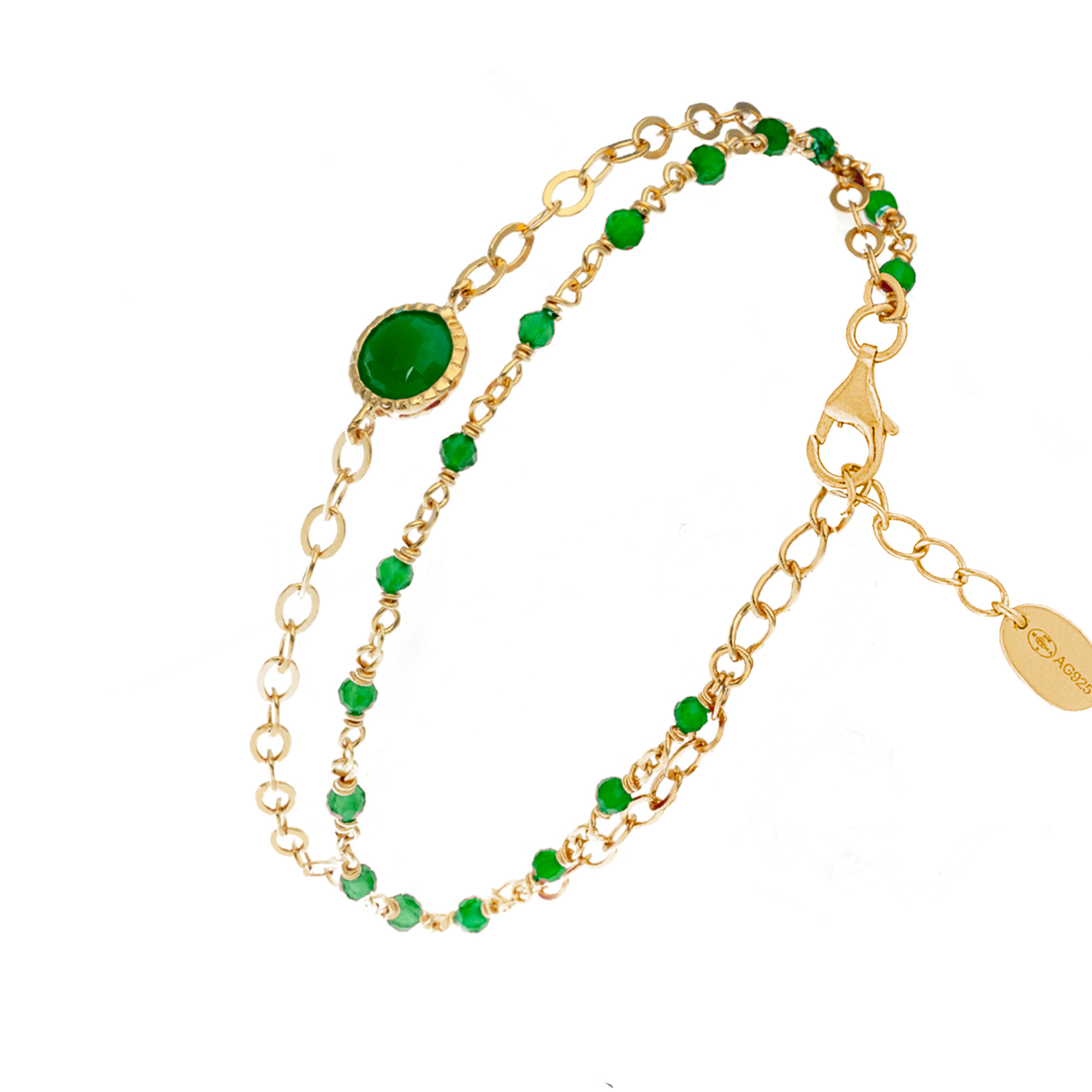 bracelet-en-argent-dore-double-chaine-pierres-naturelles-onyx-vert Bracelet en argent doré double chaine pierres naturelles onyx vert 1