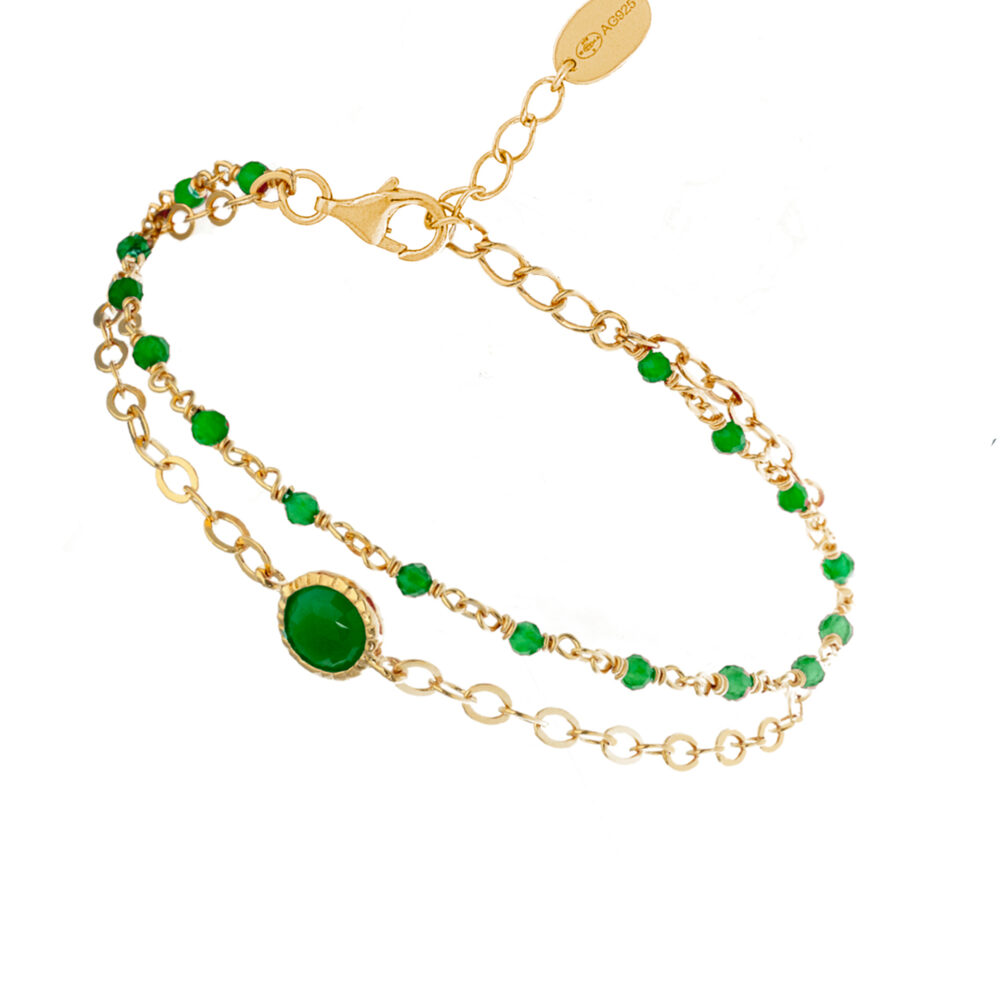 Bracelet en argent doré double chaine pierres naturelles onyx vert