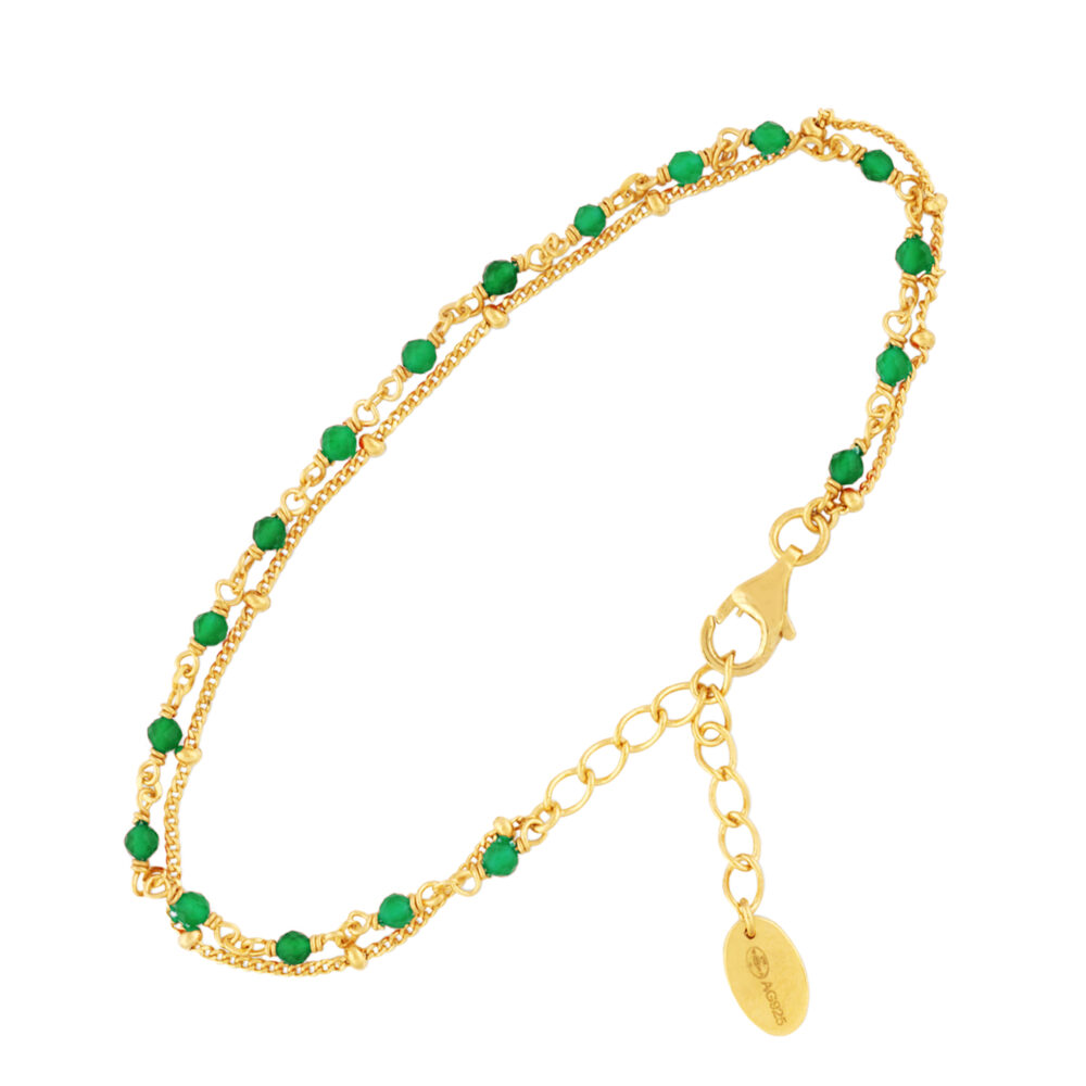 Bracelet en argent doré double chaine pierres naturelles onyx vert