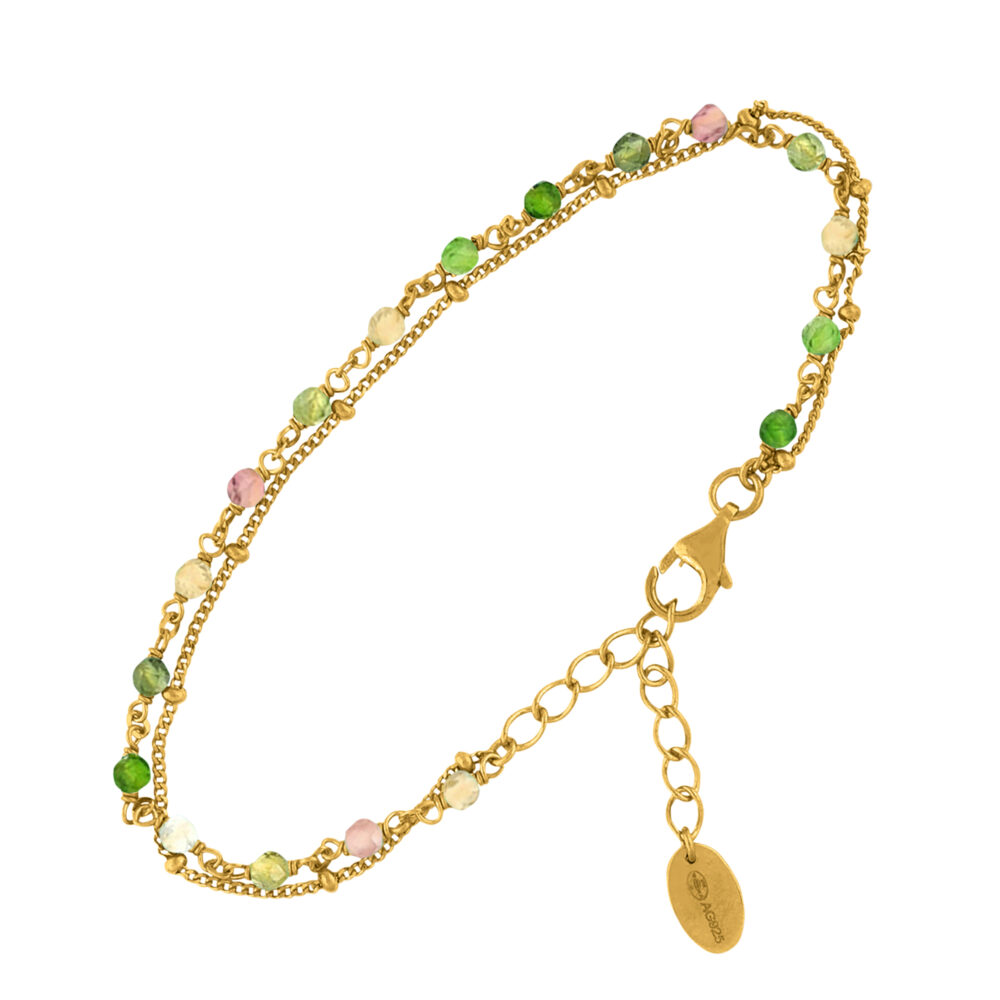 Bracelet en argent doré double chaine pierres naturelles tourmaline