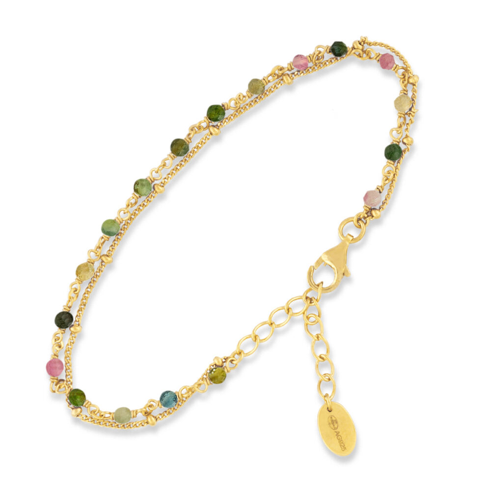 Bracelet in gilded silver double chain natural stones tourmaline 1