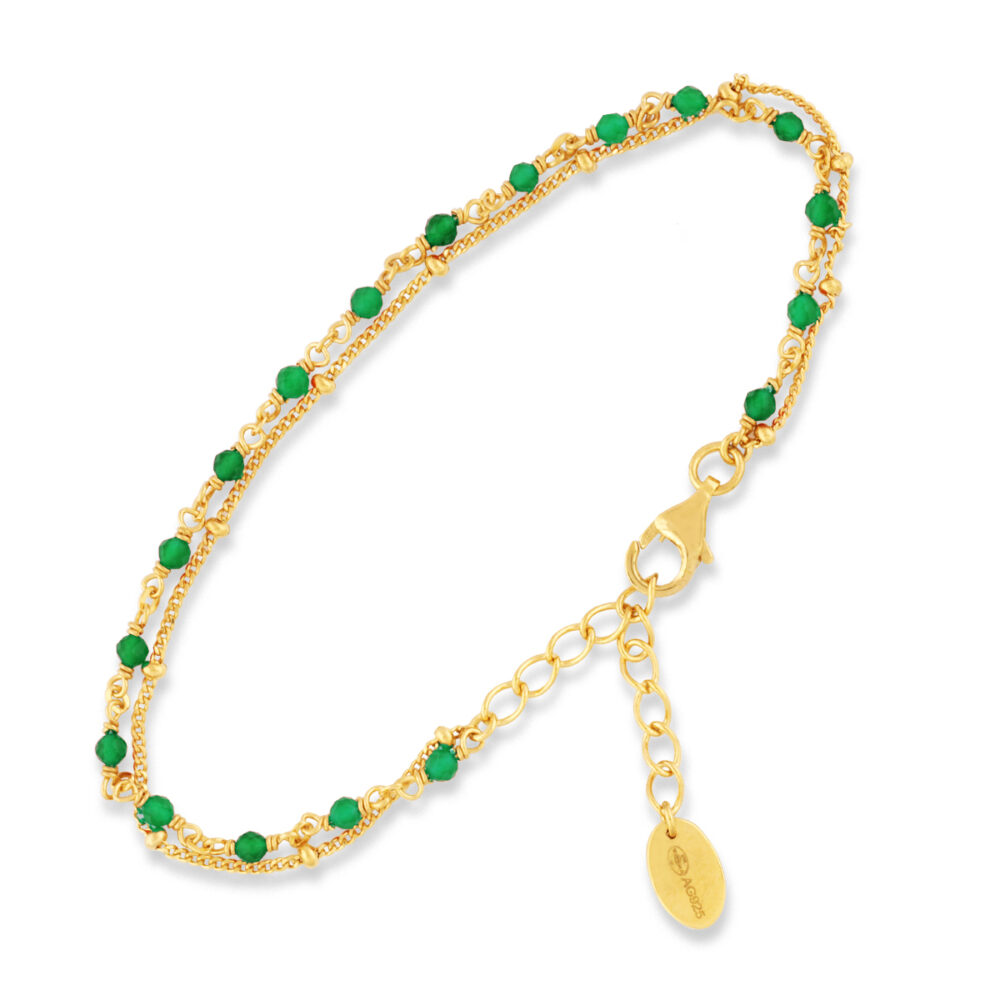 Double chain golden silver bracelet with green onyx natural stones 1