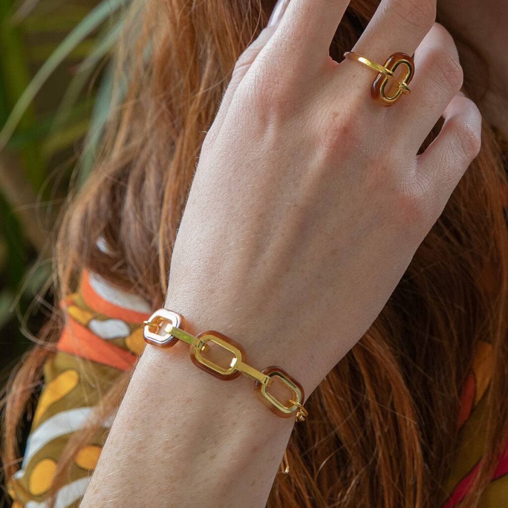 Bracelet En Argent Plusieurs Rectangles Doré Et Acétate écaille Marron Muriel