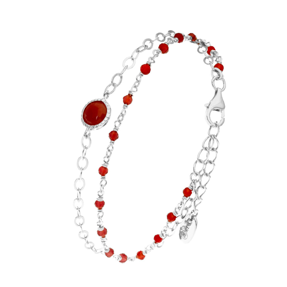 Bracelet en argent rhodié double chaine pierres naturelles rouge 1