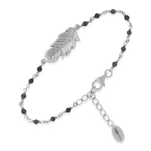 Bracelet en argent rhodié plume pierres noire 3