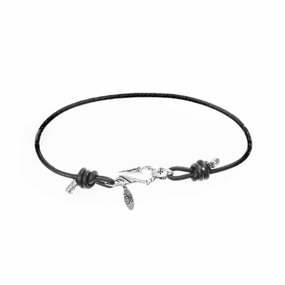 Men's solid silver leather bracelet and black hook 1