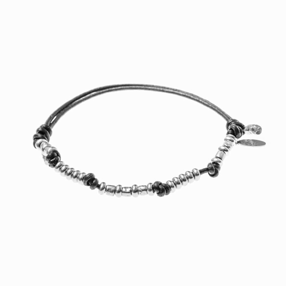 Men's leather bracelet silver beads 1