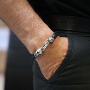 Bracelet homme cuir tête de mort marron et argent 7