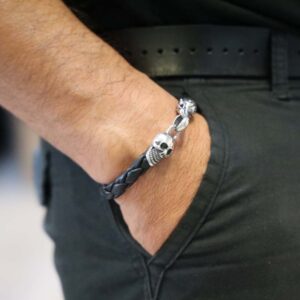 Bracelet homme cuir tête de mort marron et argent 8