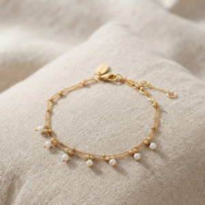brd064 Bracelet argent doré doubles chaînes pampilles et perles blanches 5
