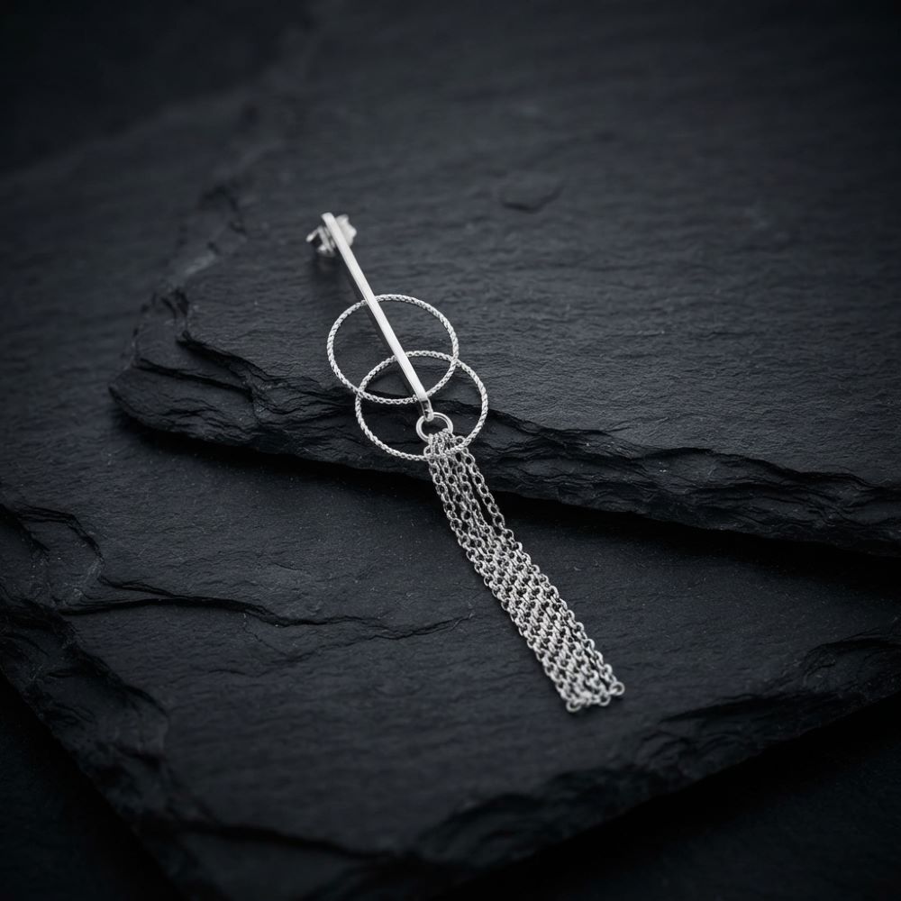 Alternative view of Boucles d'oreilles argent pendantes doubles cercles et pendant chaines