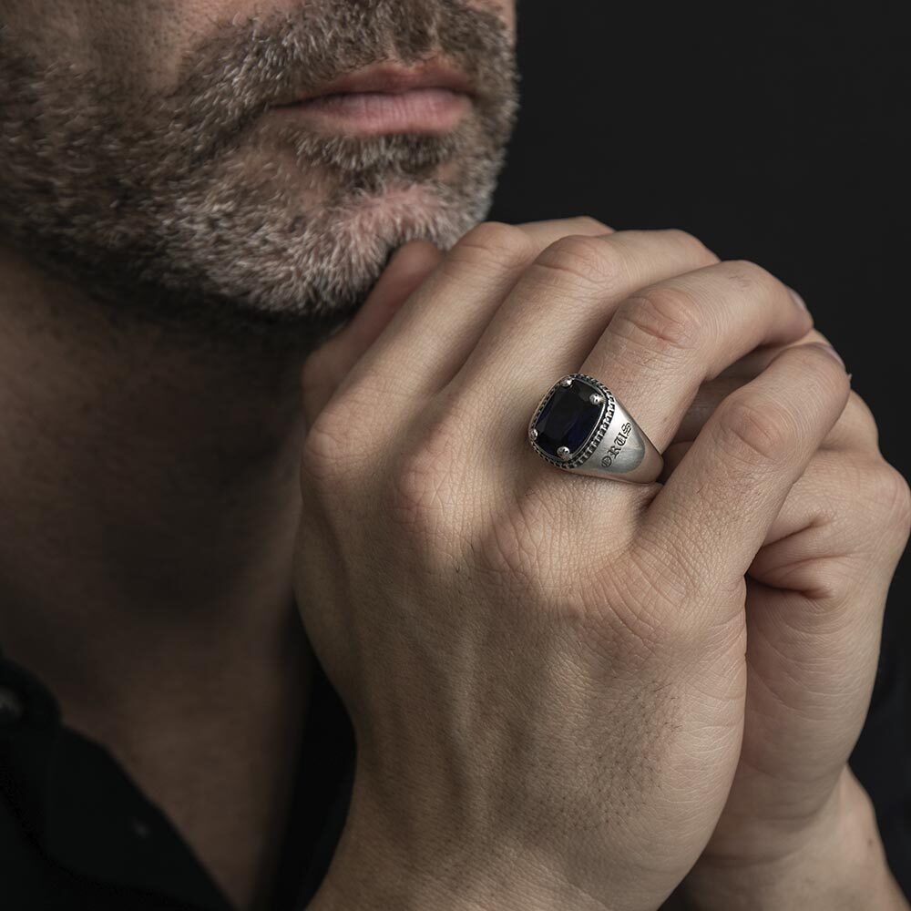 Signet ring silver man blue sapphire rider of hell 4