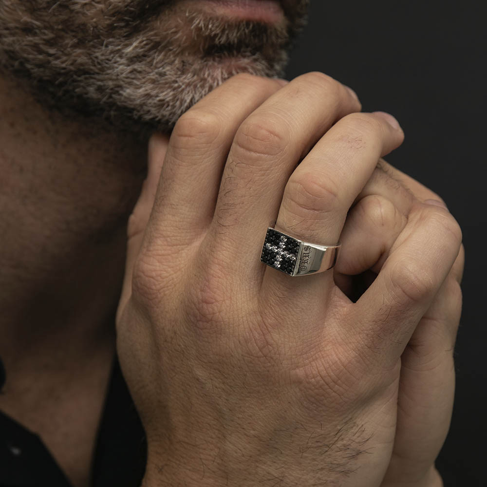 Modern square silver signet ring with black stone and white cross 2