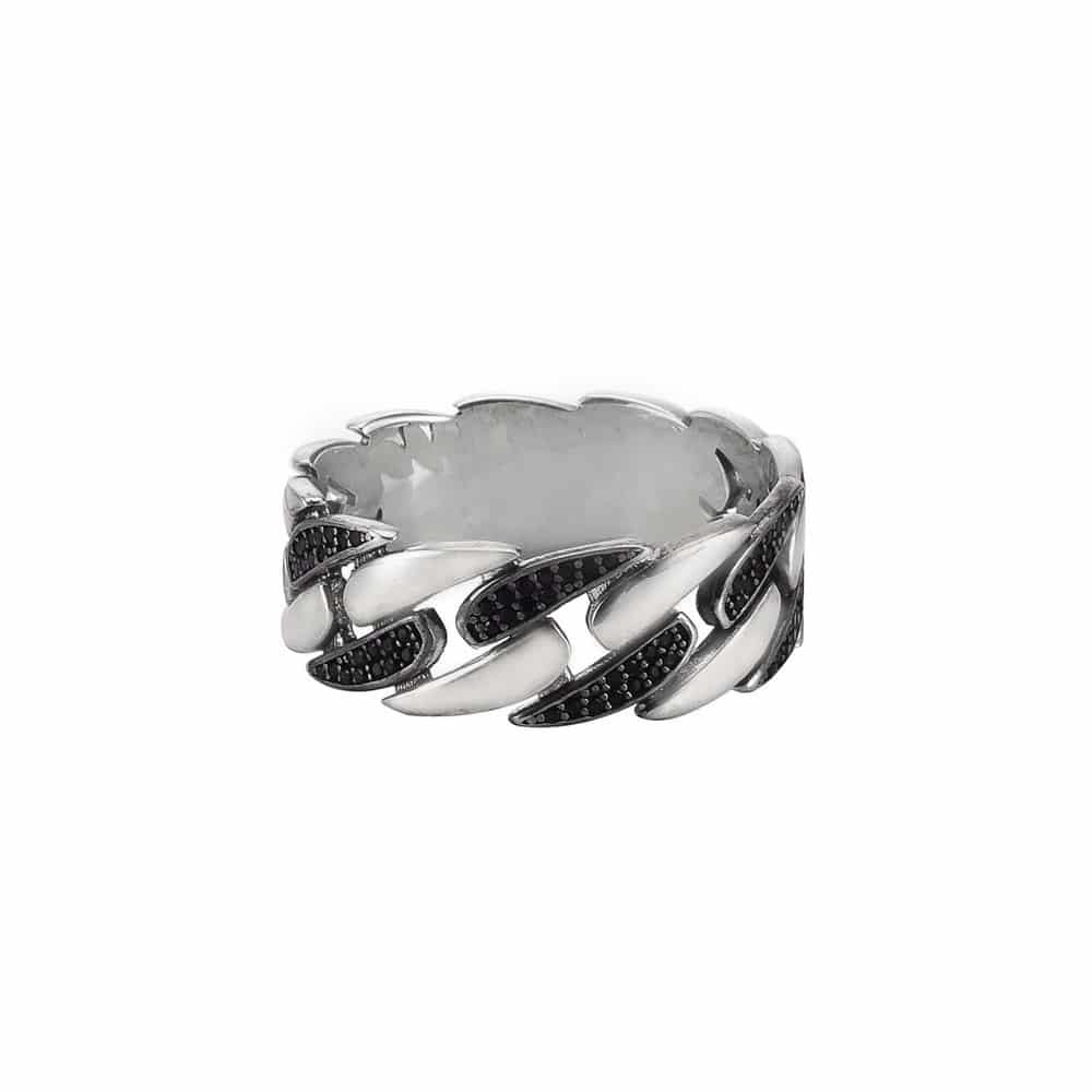 Men's silver ring with modern chain set with black zirconium 1