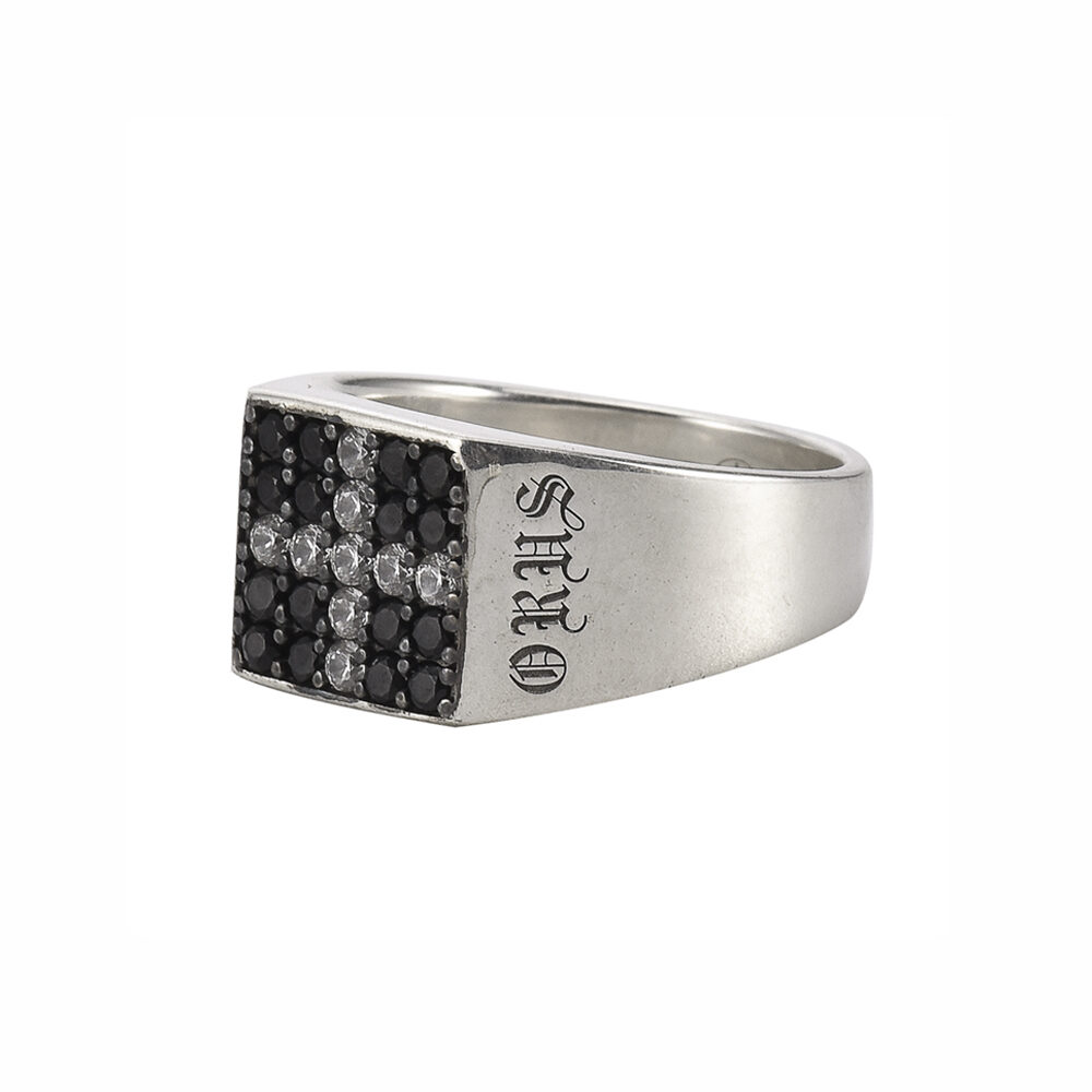 Modern square silver signet ring with black stone and white cross 5