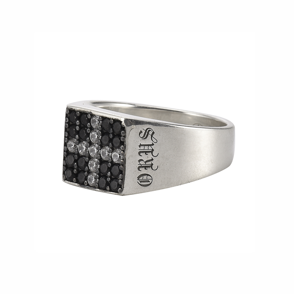 Modern square silver signet ring with black stone and white cross 3