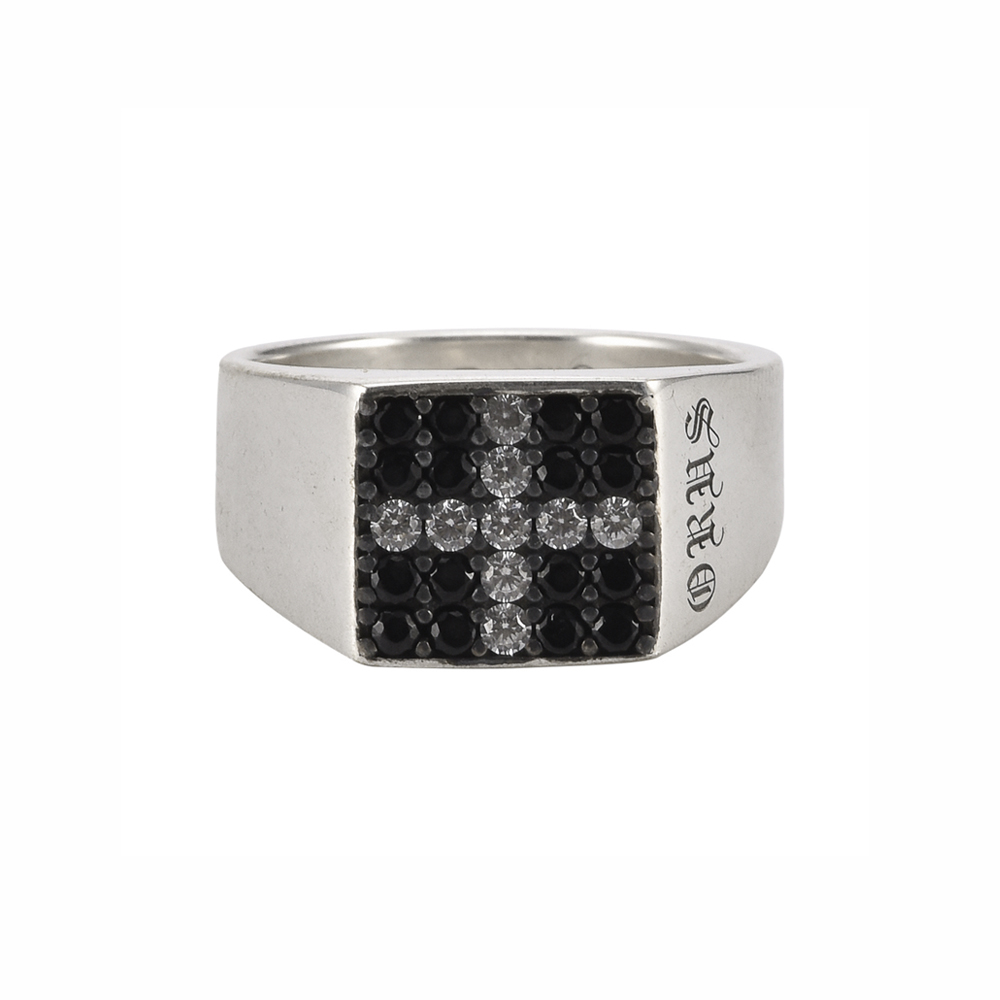 Modern square silver signet ring with black stone and white cross 1