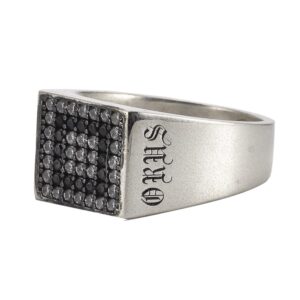 Chevalière argent moderne et géometrique pavée pierre noire et blanche 5