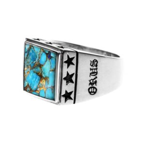 Chevalière argent homme étoiles pierre turquoise 4