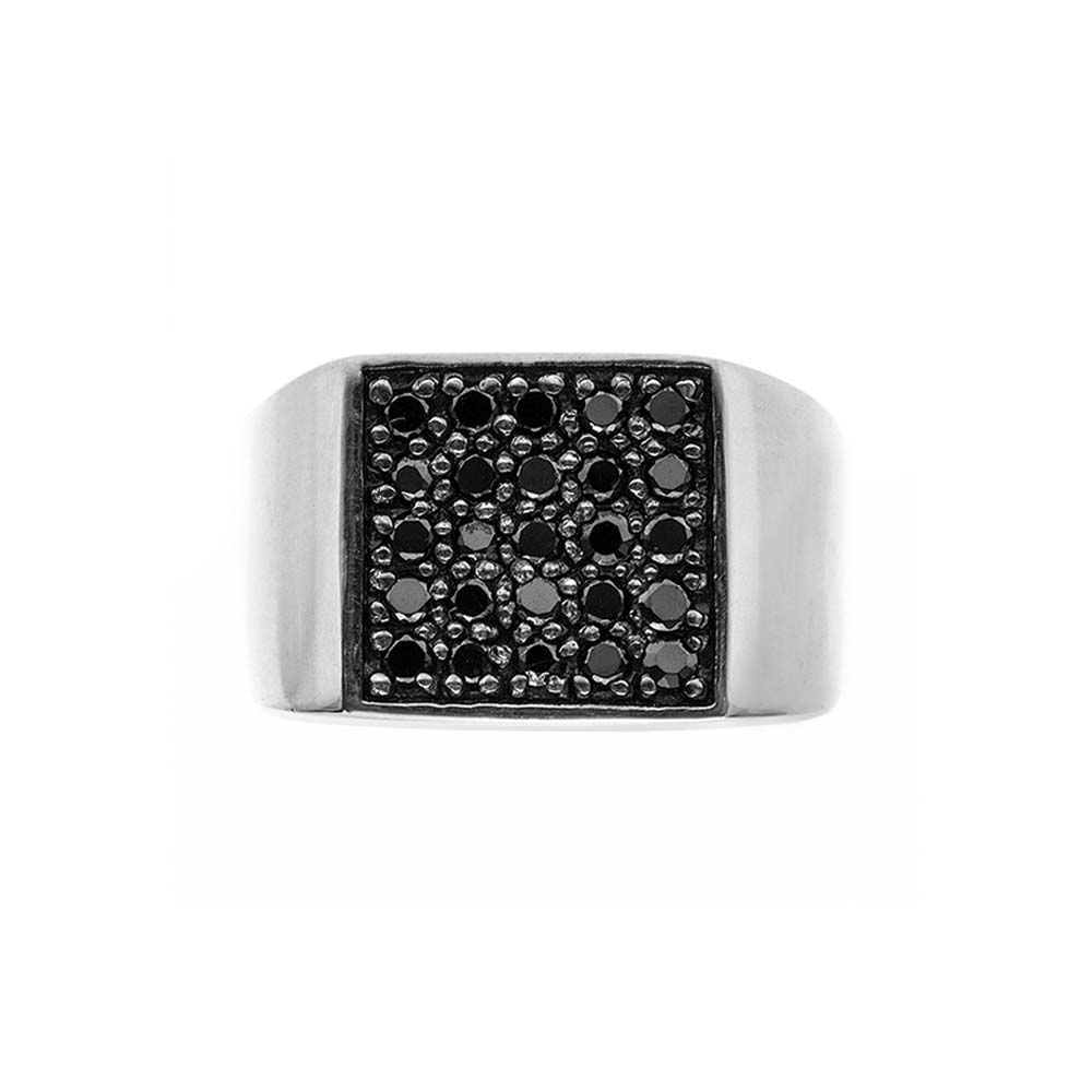 Men's silver signet ring paved with black stone 1