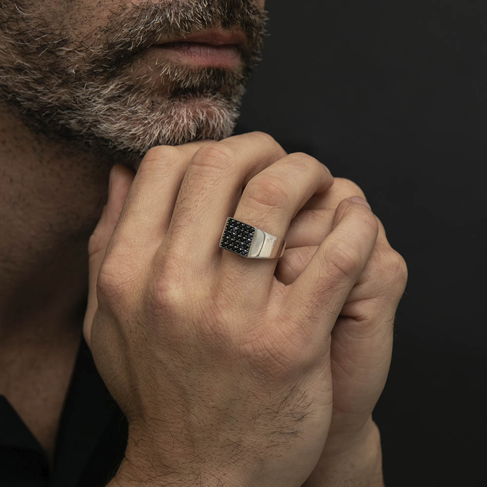 Men's silver signet ring paved with black stone 2