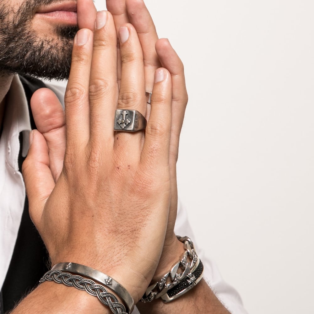 Bague Templier Style Médiéval Blason Croix Rouge Acier Or