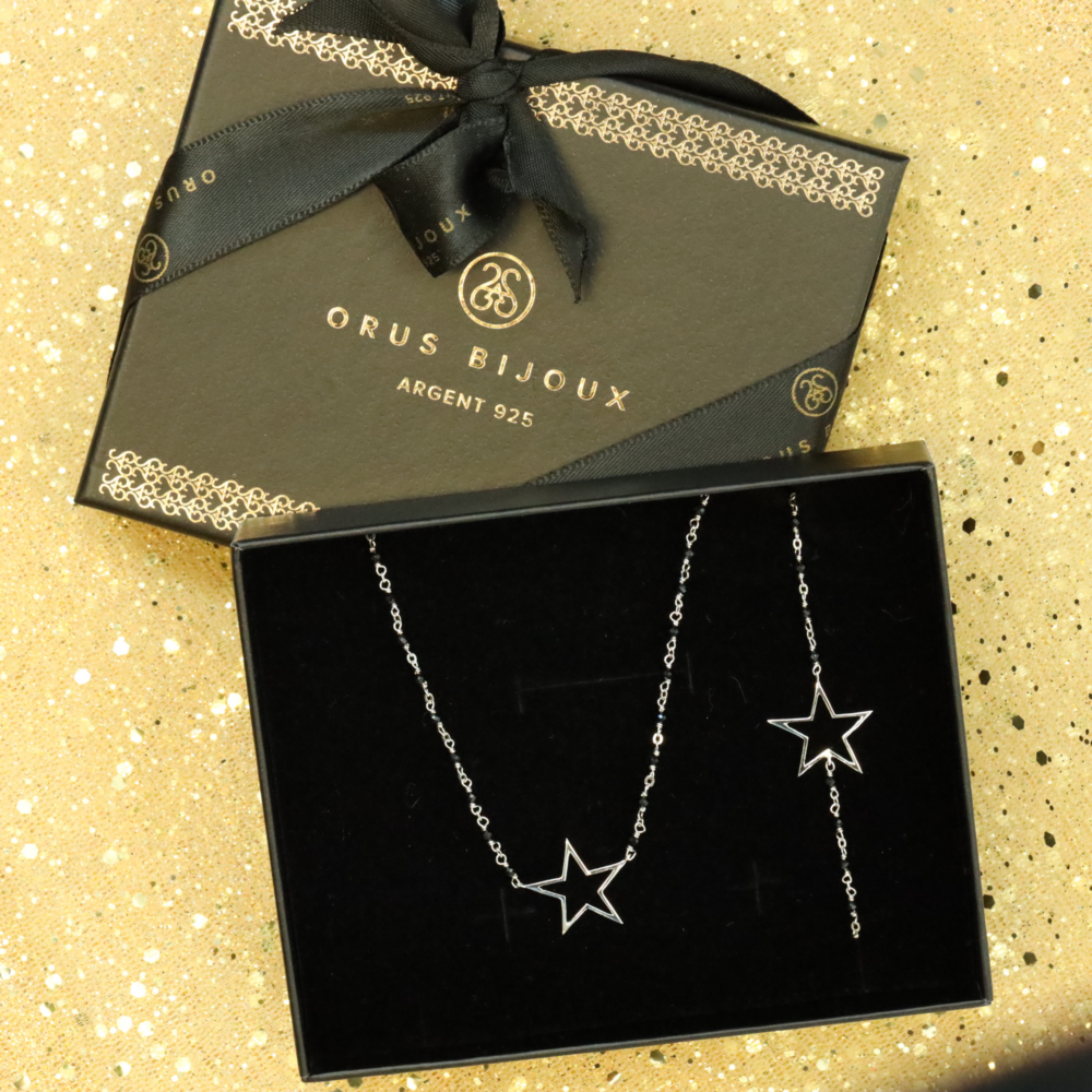 Women's rhodium-plated silver star and black spinel stone gift box 1
