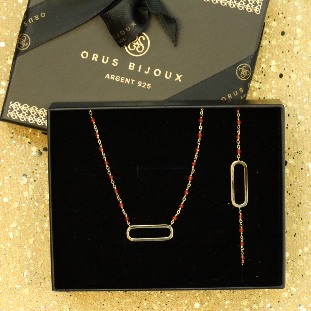 Women's gift box, silver and gold necklace and bracelet, natural red onyx stones 1