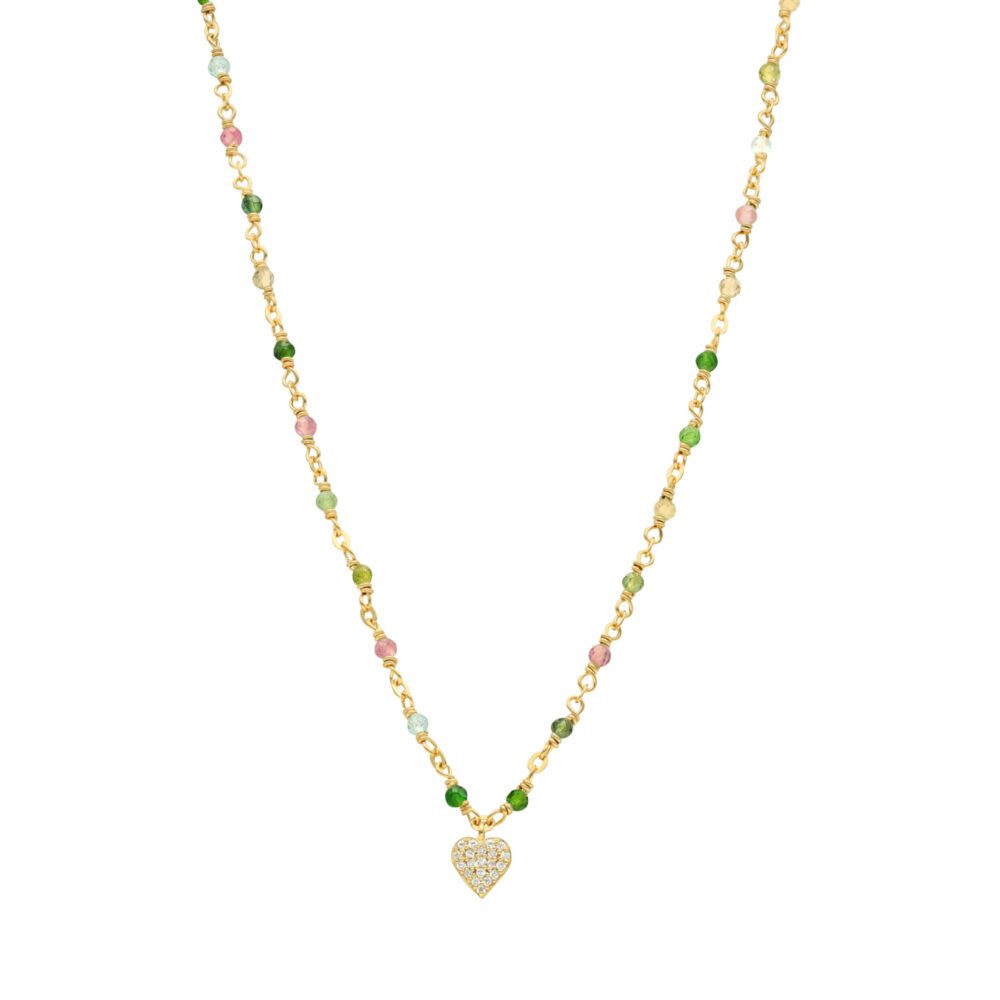 Golden silver heart necklace set with white and multi tourmaline stones 1