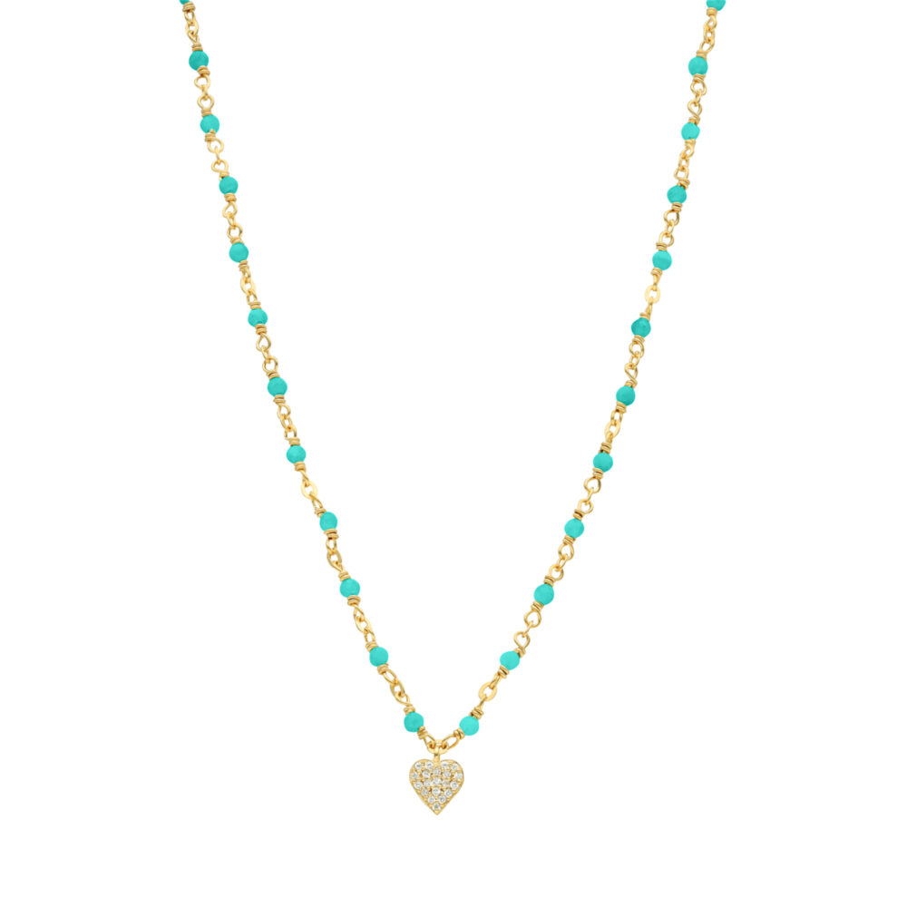 Golden silver heart necklace set with white and turquoise stones 1