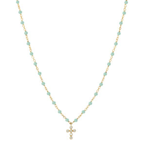 Collier argent doré croix en zirconium blanc et pierres amazonite 3