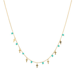 Collier argent doré petites croix et pierres naturelles turquoise 3