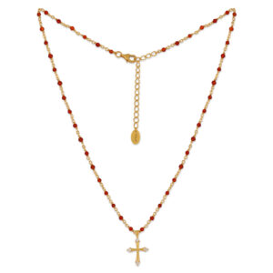 Collier argent doré croix et pierres naturelles rouge 4