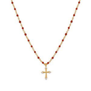 Collier argent doré croix et pierres naturelles rouge 3