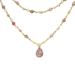 Collier argent doré double chaine goutte pierres naturelles quartz rose fraise 4