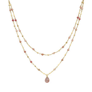 Collier argent doré double chaine goutte pierres naturelles quartz rose fraise 3