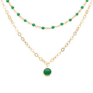 Collier argent doré double chaine pampille et pierres onyx vert 3