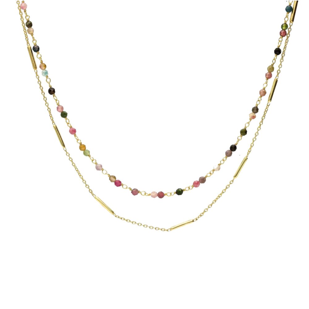 Golden silver double chain barrette necklace and natural multi-tourmaline pearls 1