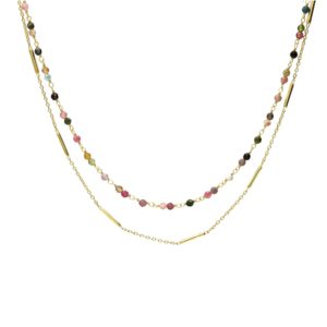 Collier argent doré double chaines barrettes et perles naturelles multi-tourmaline 3