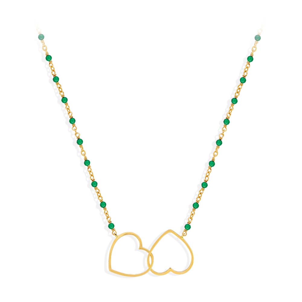 Double heart gold plated silver necklace and green onyx stone 1