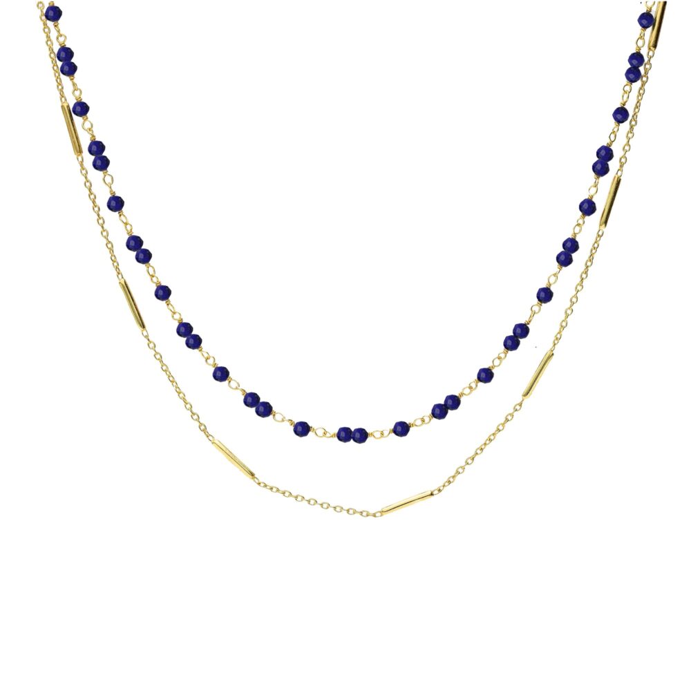 Collier argent doré doubles chaînes barrettes et perles naturelles Lapis Lazuli 1