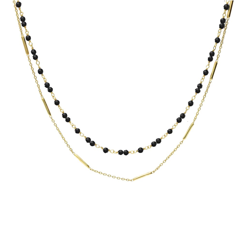 Golden silver necklace with double chain bars and natural pearls Black Spinel 1