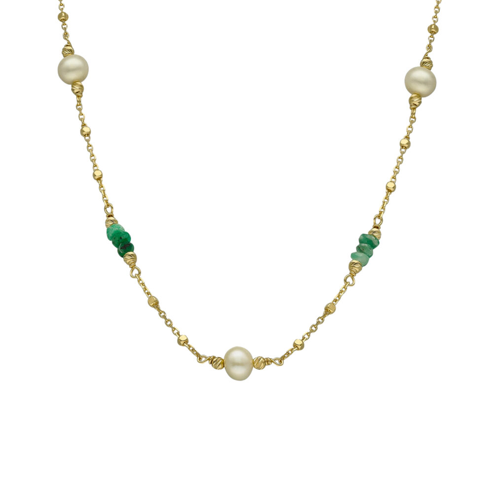 Collier argent doré émeraude et perle naturelle blanche