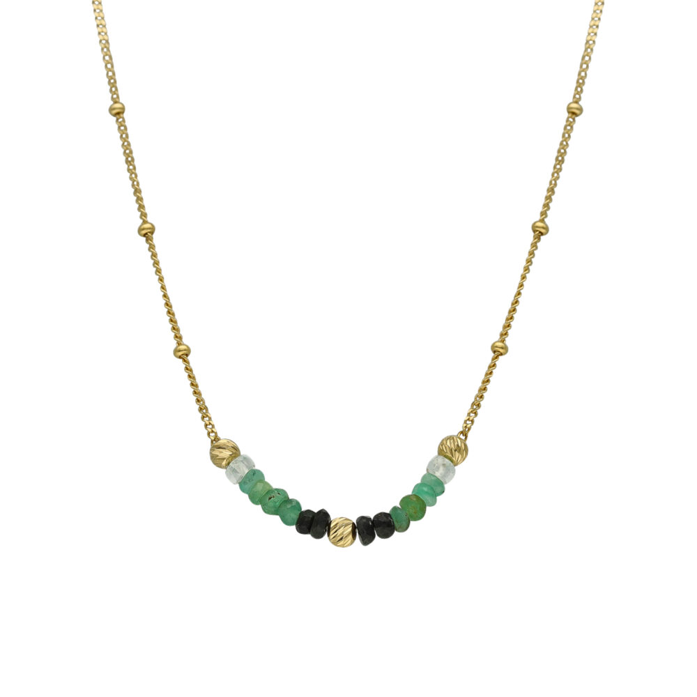Collier argent doré pierres précieuses émeraude et perles dorées