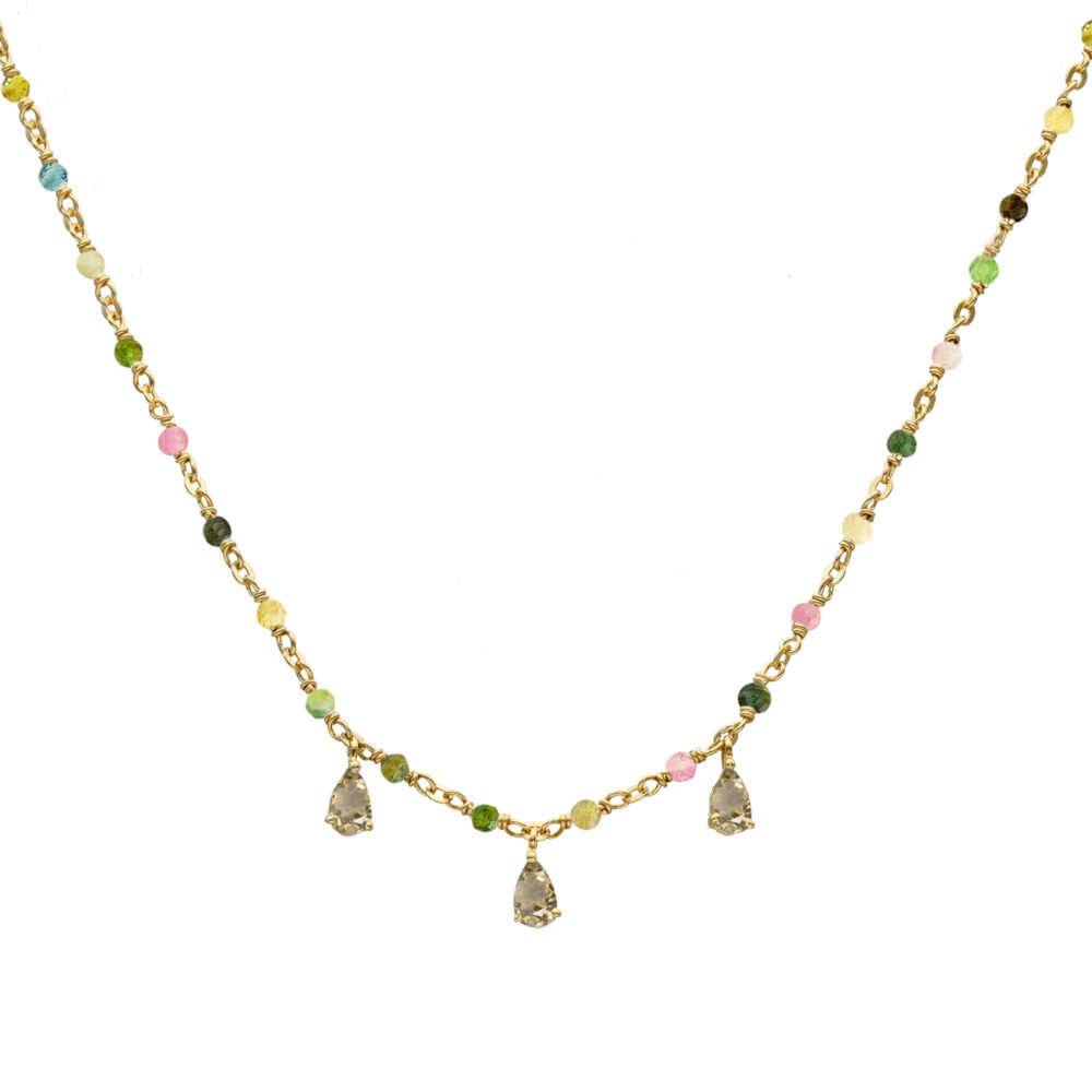 Golden silver necklace and natural stones tourmaline drops smoky quartz 1