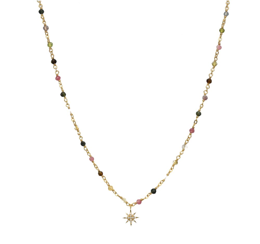Golden silver star necklace in white zirconium and multi-tourmaline stones 1