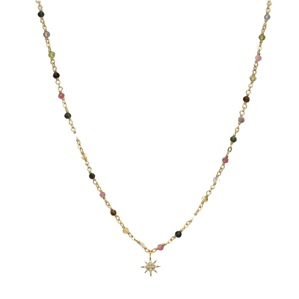 Collier argent doré étoile en zirconium blanc et pierres multi-tourmaline